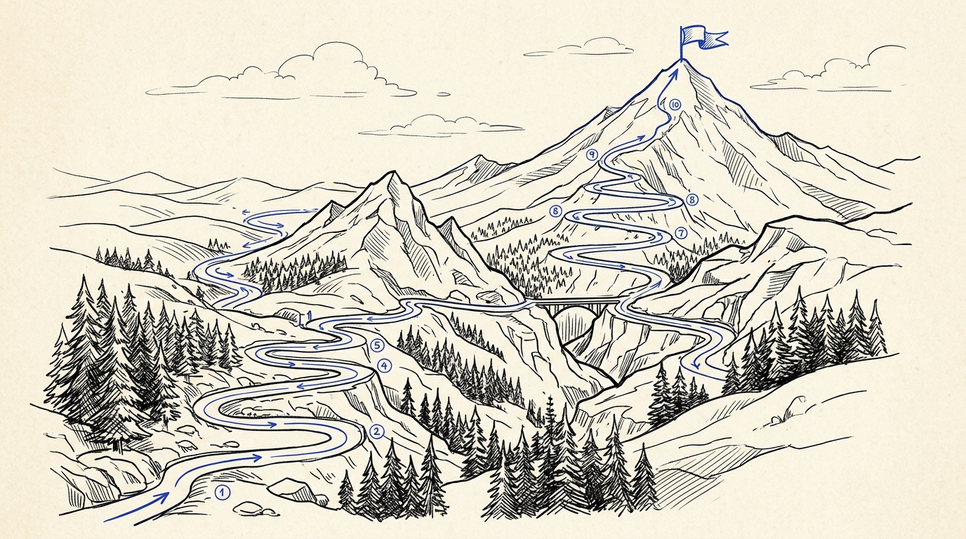 Hand-Drawn Winding Mountain Trail Roadmap Illustration
