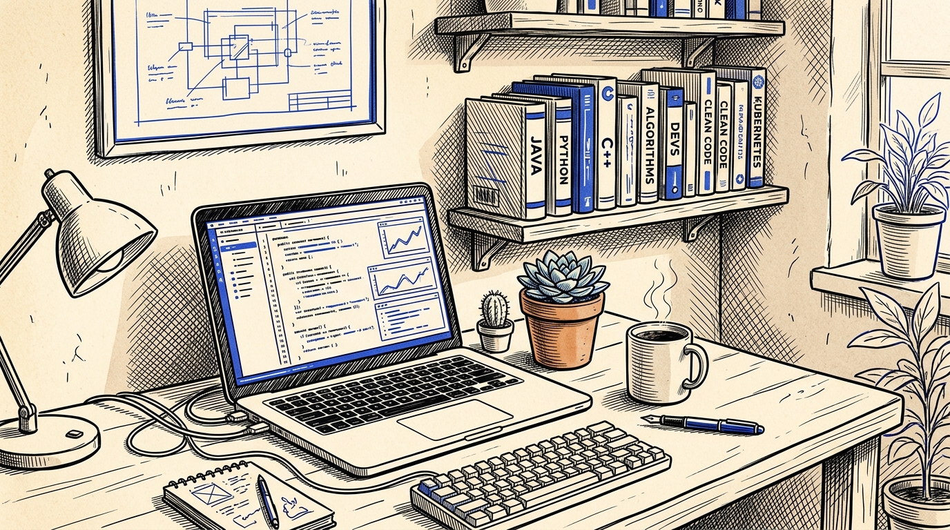 Hand-Drawn Developer Desk Illustration with Laptop and Bookshelf